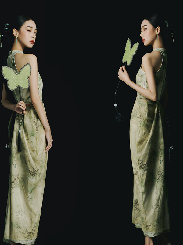Ethnic Fashion Studio - Gaun Tanpa Punggung Gaya Cina Hijau