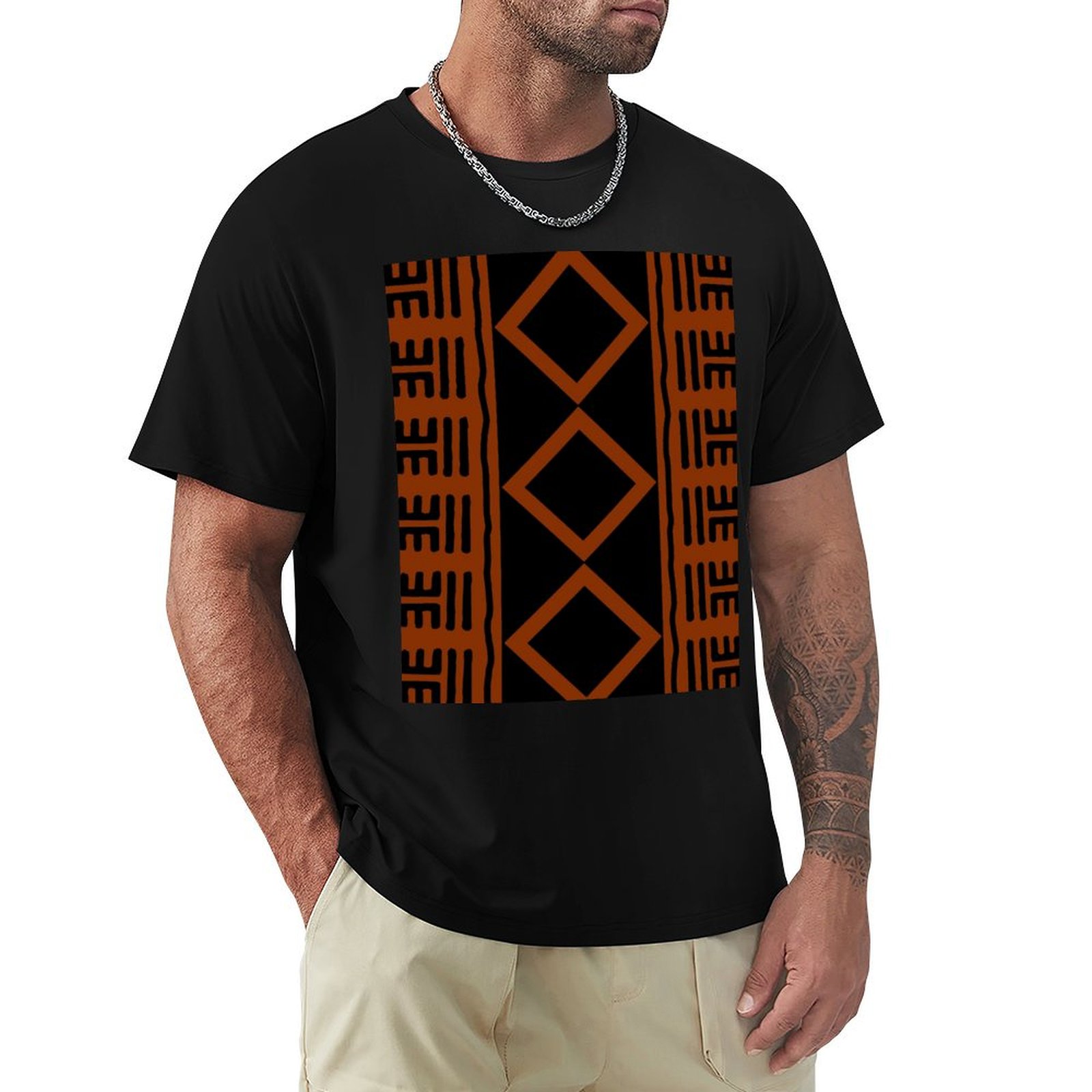 Mudcloth Print Top - Kaos Katun Afrika Warna Karat, Pakaian