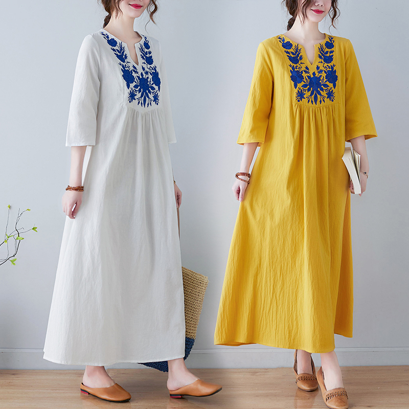 Gaun Midi Katun Linen Bordir G - Ethnic Fashion Trend ulasan dan harga
