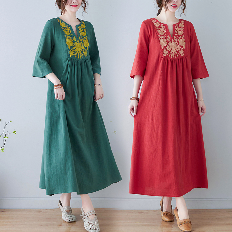 Gaun Midi Katun Linen Bordir G - Ethnic Fashion Trend ulasan dan harga