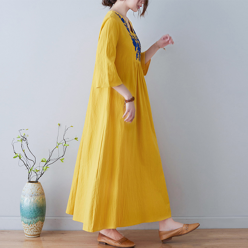 Gaun Midi Katun Linen Bordir G - Ethnic Fashion Trend ulasan dan harga