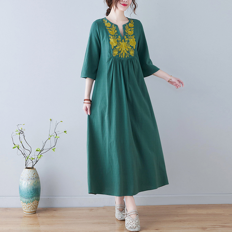 Gaun Midi Katun Linen Bordir G - Ethnic Fashion Trend ulasan dan harga